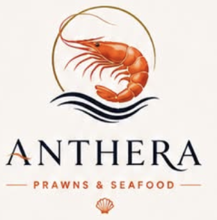 Anthera Prawns & Seafood logo featuring an orange prawn above navy wave lines